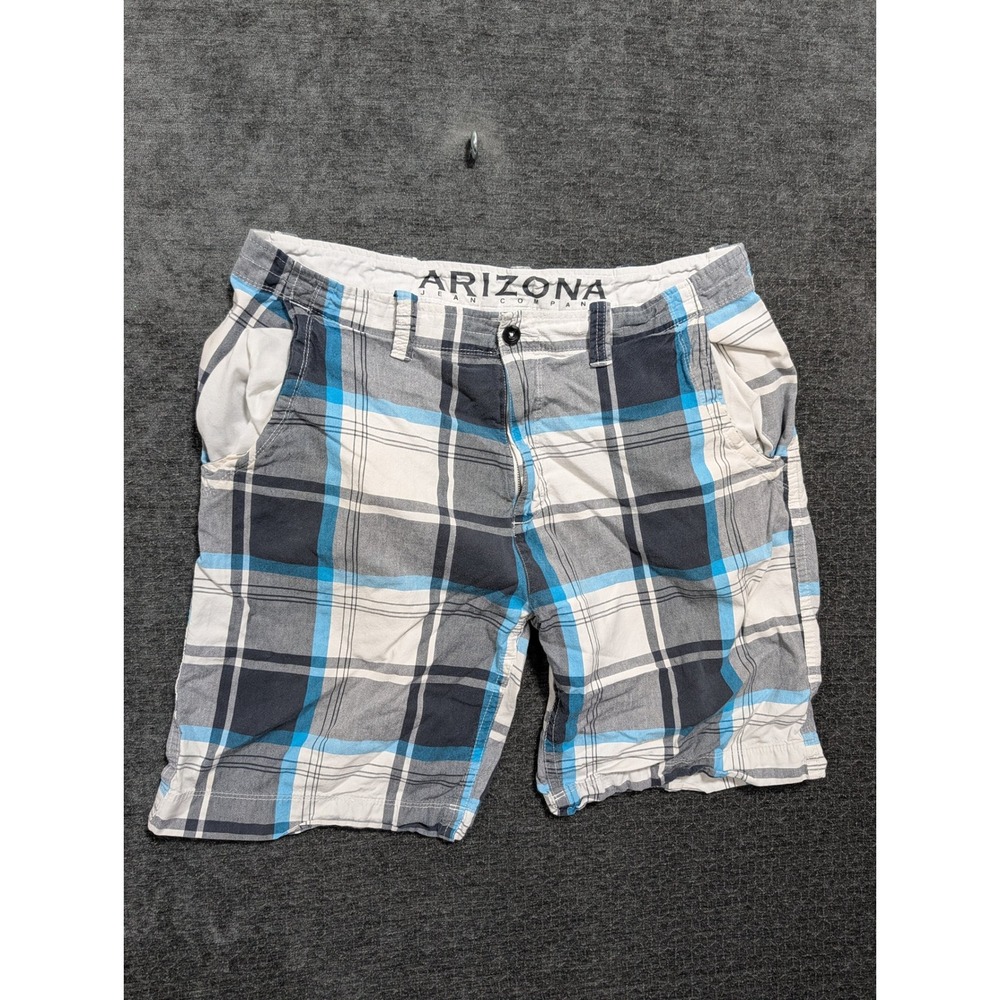 Arizona Jean Company Mens Blue Grey White Plaid Cotton Shorts Size 36